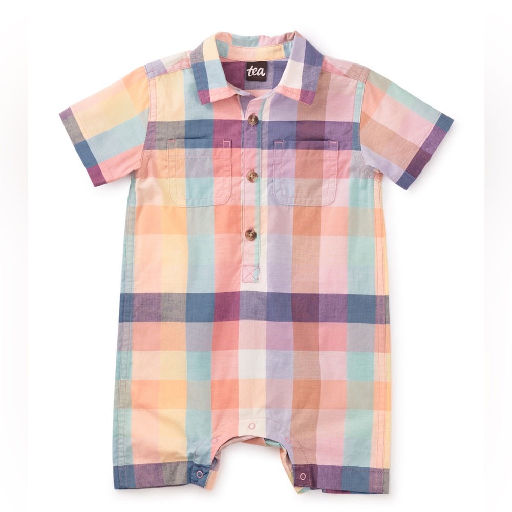 Tea Collection Plaid Buttoned Baby Romper Size 9-12 months